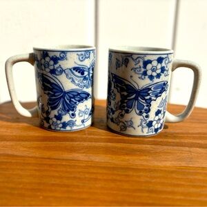 Two Vintage Stoneware Mugs with Blue Butterfly Designs Blue and White
